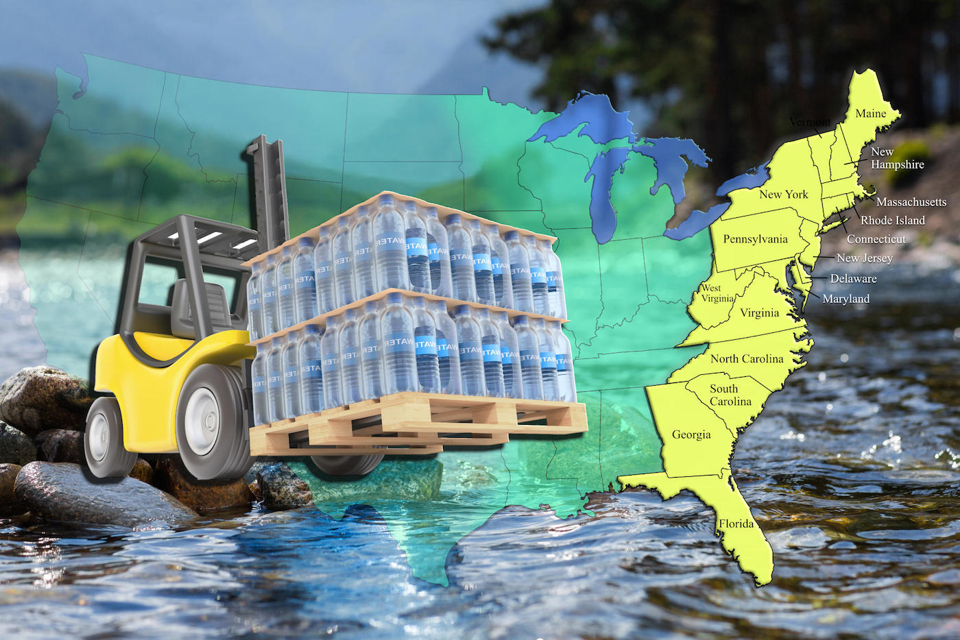 Pallets of Bottled Water Delivery Area: East Coast