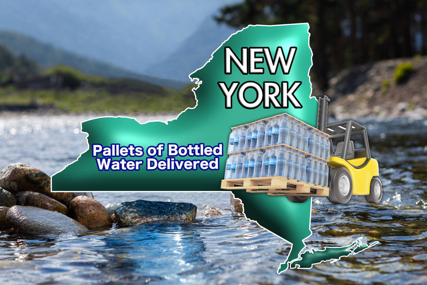 Graphic Showing Map of NY and Pallet of Bottled Water with Text that Reads: "Pallets of Bottled Water Delivered, New York"
