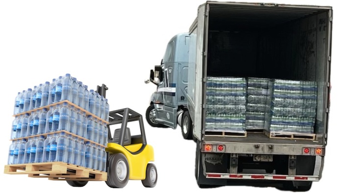 Picture of a forklift moving a pallet of water, next to a picture of a tractor trailer hauling water
